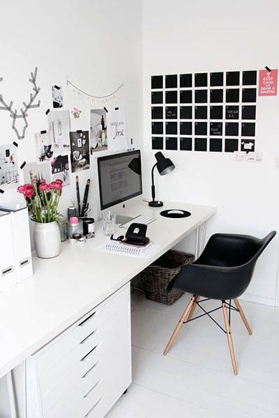 ‣ MyFixitUpLife Simple black and white decor might be a good backdrop for those of us who juggle many different kinds of work-at-home jobs. The home office can be whatever helps you get that list done.