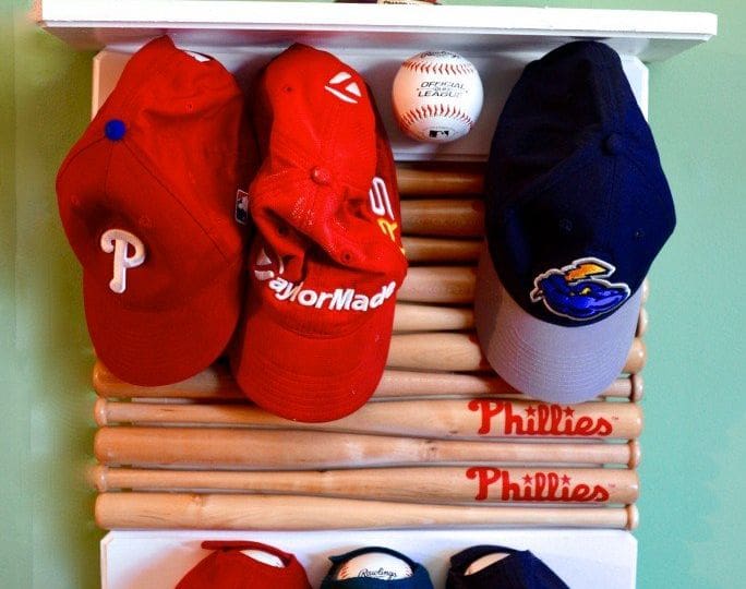 We made this shelf for a little baseball player's boy cave